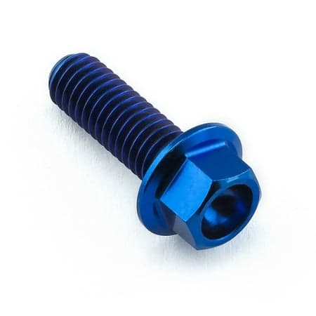 Flanged hex head titanium bolt in blue, measuring M6 X 1.00mm X 18mm with a 15mm flange, featuring a smooth, shiny finish and prominent threading.
