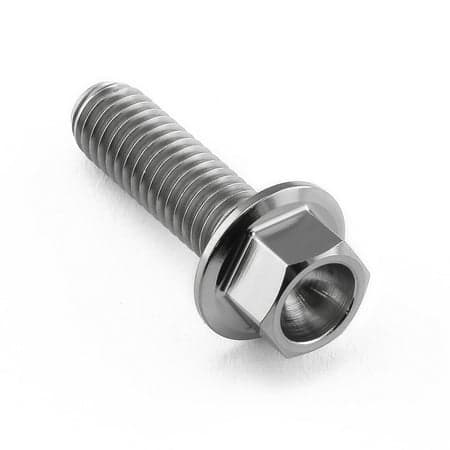 Flanged hex head titanium bolt in natural finish, measuring M6 x 1.00mm x 20mm with an 18mm flange, featuring a smooth, shiny surface and distinct threaded shaft.