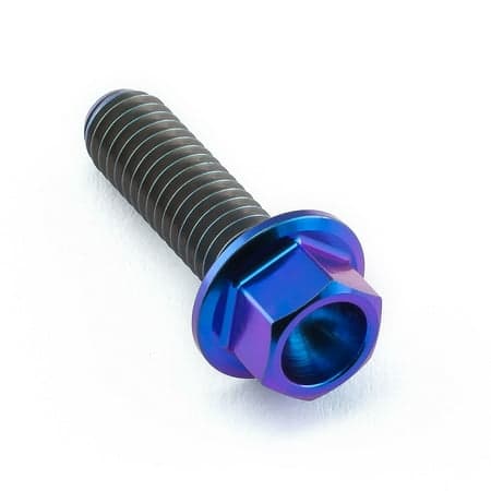 Flanged hex head titanium bolt in purple, measuring M6 X 1.00mm X 20mm with an 18mm flange, featuring a smooth, shiny finish and prominent threading.