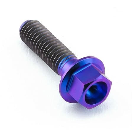 Flanged hex head titanium bolt in purple, measuring M6 x 1.00mm x 22mm, featuring a smooth shaft and a shiny, vibrant finish.