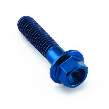 Flanged hex head titanium bolt in blue, measuring M6 x 1.00mm x 25mm, featuring a smooth shaft and a hexagonal head for easy installation.