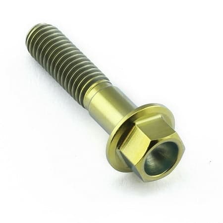 Flanged hex head titanium bolt in gold, measuring M6 x 1.00mm x 28mm, featuring a smooth shaft and a hexagonal socket for easy installation.