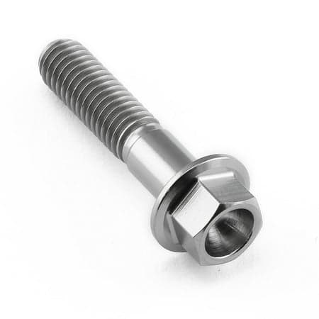 Flanged hex head titanium bolt in natural finish, M6 size, 1.00mm thread pitch, 28mm length with a 25mm flange diameter, showcasing a sleek, durable design.