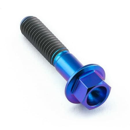Flanged hex head titanium bolt in purple with a M6 x 1.00mm x 28mm size, featuring a smooth, shiny finish and ribbed shaft for enhanced grip.