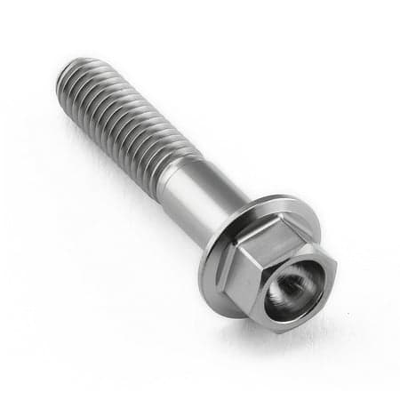 Flanged hex head titanium bolt in natural finish, measuring M6 x 1.00mm x 30mm, featuring a smooth, shiny surface and six-sided nut for secure fastening.