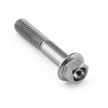 Flanged hex head titanium bolt in natural finish, measuring M6 x 1.00mm x 32mm, featuring a smooth shaft and a rounded flange for secure fastening.
