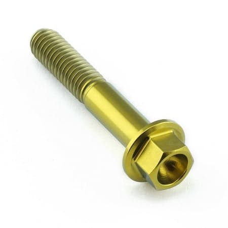 Flanged hex head titanium bolt in gold, measuring M6 x 1.00mm x 35mm, featuring a smooth finish and prominent threading along the shaft.