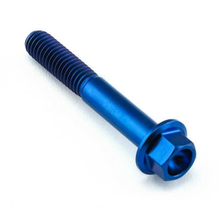 Flanged hex head titanium bolt in blue, measuring M6 X 1.00mm X 40mm with a 25mm length, featuring a smooth finish and prominent hexagonal head for easy installation.