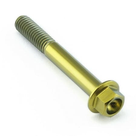 Gold titanium flanged hex head bolt, M6 size, 1.00mm thread pitch, 45mm length with a 25mm head diameter, featuring a smooth, shiny finish and visible threading.