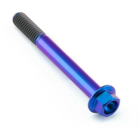 Flanged hex head titanium bolt in purple with a smooth, shiny finish, measuring M6 X 1.00mm X 55mm, featuring a textured grip on the shaft.