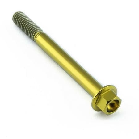 Gold titanium flanged hex head bolt, M6 size, 60mm long with a 25mm threaded section, featuring a sleek, polished finish for durability and lightweight performance.