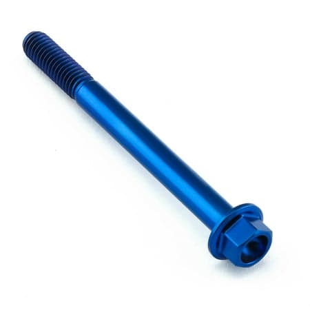 Flanged hex head titanium bolt in vibrant blue, measuring M6 X 1.00mm X 65mm, featuring a smooth finish and durable construction for high-performance applications.