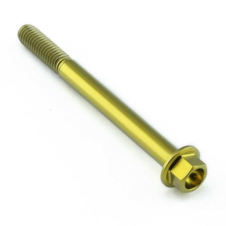 Flanged hex head titanium bolt in gold, measuring M6 x 1.00mm x 65mm with a 25mm flange, showcasing a sleek, shiny finish and precise threading.