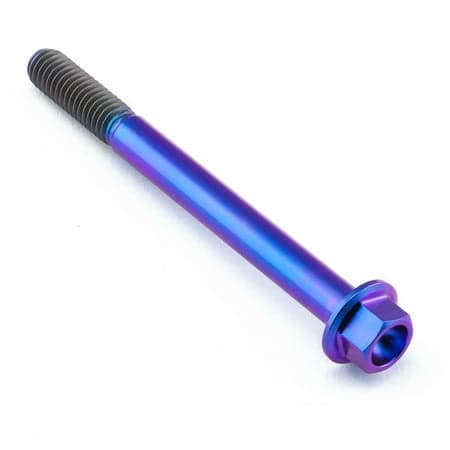 Flanged hex head titanium bolt in vibrant purple, measuring M6 x 1.00mm x 65mm, featuring a smooth shaft and textured grip for easy installation.