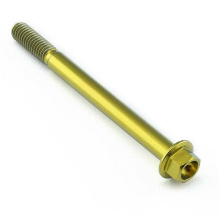 Flanged hex head titanium bolt in gold, measuring M6 x 1.00mm x 70mm with a 25mm length, featuring a smooth, shiny finish and distinct threading.