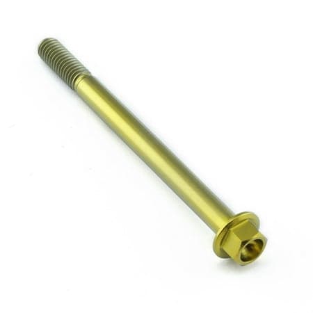 Flanged hex head titanium bolt in gold, measuring M6 X 1.00mm X 75mm, featuring a smooth finish and a hexagonal socket for easy installation.