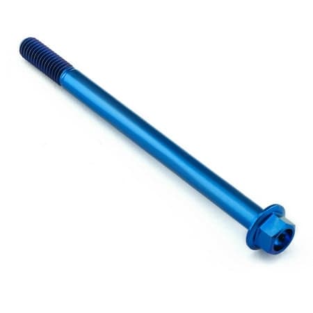 Flanged hex head titanium bolt in vibrant blue, measuring M6 x 1.00mm x 85mm, featuring a smooth shaft and textured threads for secure fastening.