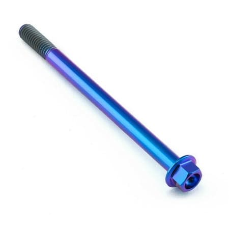 Flanged hex head titanium bolt in purple, measuring M6 x 1.00mm x 85mm with a 25mm length, featuring a smooth, shiny finish and distinct threading.