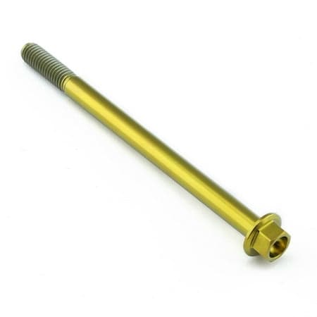 Flanged hex head titanium bolt in gold, measuring M6 x 1.00mm x 90mm with a 25mm thread length, featuring a smooth finish and durable construction.