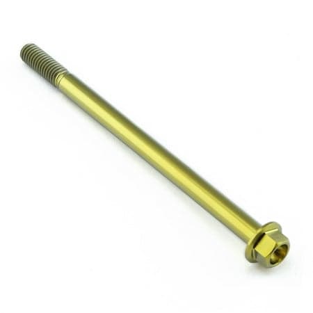 Flanged hex head titanium bolt in gold, measuring M6 x 1.00mm x 95mm, featuring a smooth shaft and a hexagonal nut for secure fastening.
