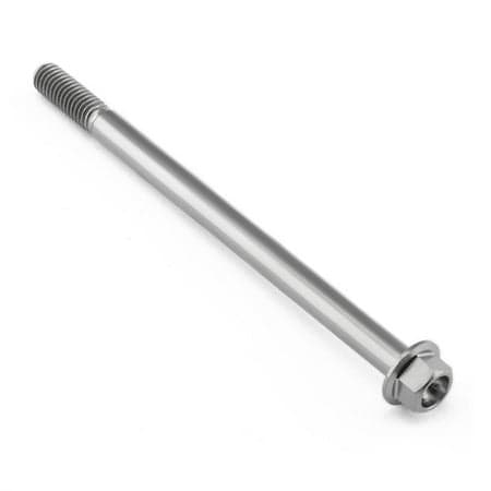 Flanged hex head titanium bolt in natural finish, measuring M6 x 1.00mm x 95mm with a 30mm flange, featuring a smooth, shiny surface and threaded shaft.