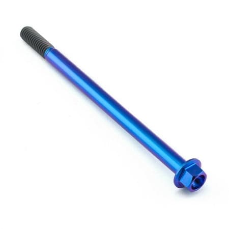 Flanged hex head titanium bolt in vibrant purple, measuring M6 x 1.00mm x 95mm, featuring a smooth finish and threaded shaft for secure fastening.