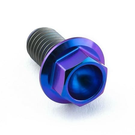 Flanged hex head titanium bolt in purple, measuring M8 x 1.25mm x 15mm, showcasing a shiny finish and detailed threading.