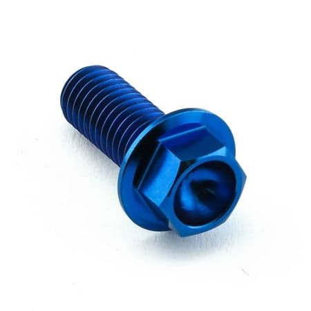 Flanged hex head titanium bolt in vibrant blue, measuring M8 X 1.25mm X 20mm, featuring a smooth finish and deep socket for easy installation.