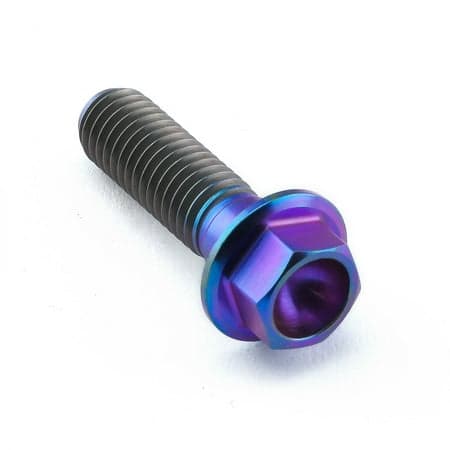 Flanged hex head titanium bolt in purple, measuring M8 x 1.25mm x 28mm, featuring a shiny, multicolored finish and distinct threading along the shaft.