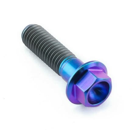 Flanged hex head titanium bolt in purple, measuring M8 x 1.25mm x 30mm, featuring a smooth, shiny finish and distinct threading for secure fastening.