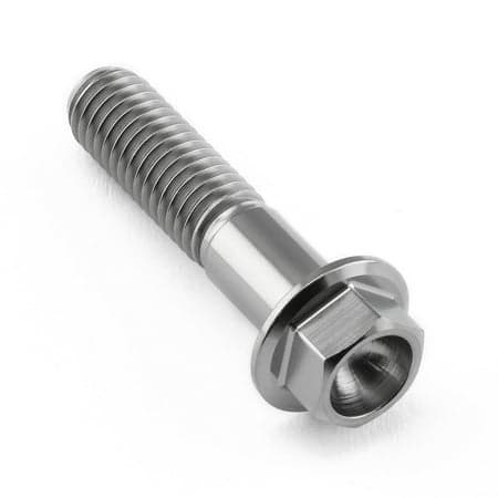 Flanged hex head titanium bolt in natural finish, M8 size, 1.25mm thread pitch, 35mm length, featuring a smooth, shiny surface and a hexagonal head for easy installation.