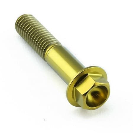 Flanged hex head titanium bolt in gold, measuring M8 x 1.25mm x 40mm, featuring a smooth shaft and prominent hexagonal head for easy installation.