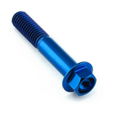 Flanged hex head titanium bolt in vibrant blue, measuring M8 x 1.25mm x 45mm, featuring a smooth shaft and a hexagonal socket for easy installation.
