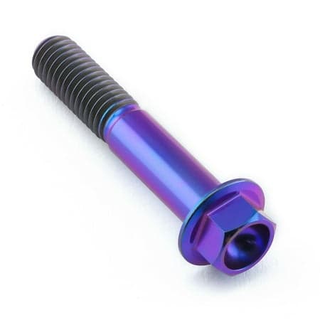Flanged hex head titanium bolt in vibrant purple, measuring M8 x 1.25mm x 45mm, featuring a smooth finish and distinct threading.
