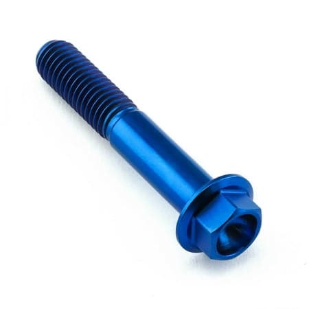 Flanged hex head titanium bolt in vibrant blue, measuring M8 x 1.25mm x 47mm with a 25mm length, featuring a smooth, sleek finish and distinct threading.