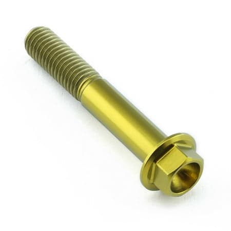 Gold titanium flanged hex head bolt, M8 size, 1.25mm thread pitch, 50mm length, featuring a smooth finish and durable design for high-performance applications.
