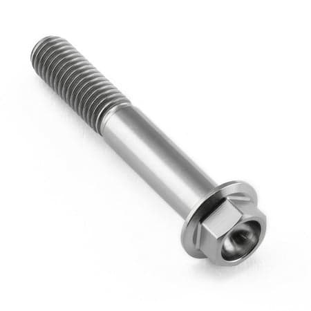 Flanged hex head titanium bolt in natural finish, measuring M8 x 1.25mm x 50mm, featuring a smooth shaft and prominent hexagonal head for easy installation.