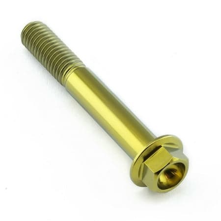 Flanged hex head titanium bolt in gold, measuring M8 x 1.25mm x 55mm, featuring a smooth, shiny finish and distinct threaded shaft for secure fastening.