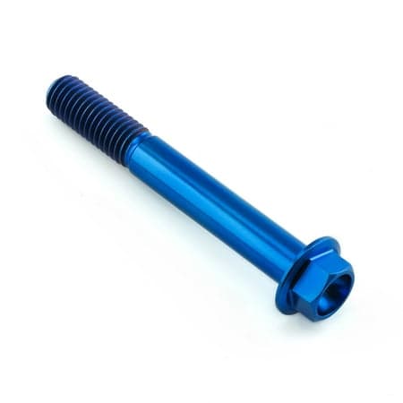 Flanged hex head titanium bolt in vibrant blue, measuring M8 x 1.25mm x 60mm, featuring a smooth finish and deep threads for secure fastening.