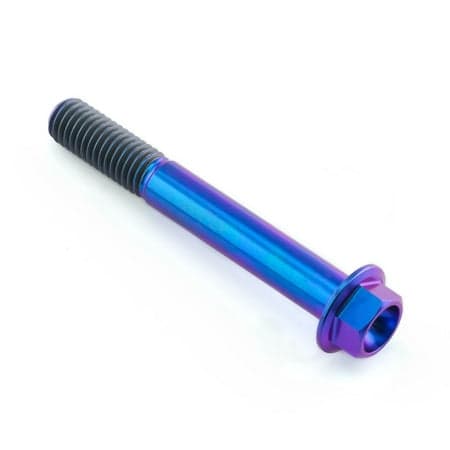 Flanged hex head titanium bolt in purple, measuring M8 x 1.25mm x 60mm, featuring a smooth, shiny finish and distinct threading along the shaft.