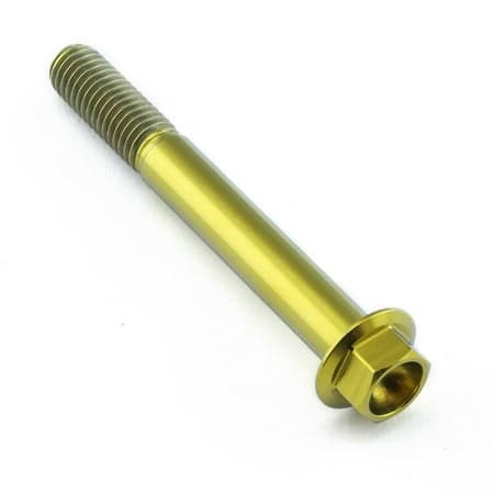 Flanged hex head titanium bolt in gold, measuring M8 x 1.25mm x 65mm, featuring a smooth, shiny finish and detailed threading along the shaft.