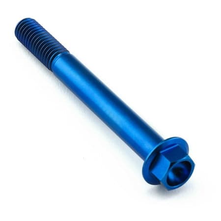 Flanged hex head titanium bolt in vibrant blue, measuring M8 X 1.25mm X 70mm, featuring a smooth shaft and distinct hexagonal head design.