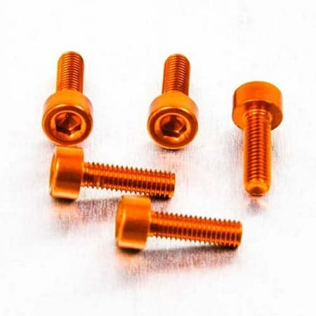 Five orange alloy bolts with parallel Allen heads, measuring M3 x 0.50mm x 10mm, showcasing a shiny finish and hexagonal socket for easy installation.
