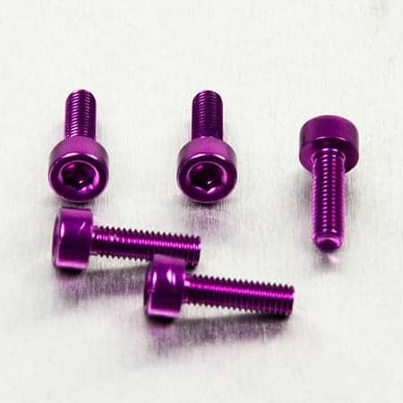 Five purple alloy bolts with parallel Allen heads, measuring M3 x 0.50mm x 10mm, featuring a shiny finish and hexagonal recess for easy installation.
