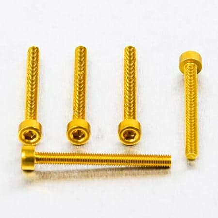 Five gold alloy parallel Allen head bolts, each measuring M3 x 0.50mm x 30mm, showcasing a shiny finish and hexagonal socket for easy installation.