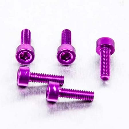 Five purple alloy parallel Allen head bolts, each measuring M3 x 0.50mm x 8mm, showcasing a shiny finish and hexagonal socket for easy installation.