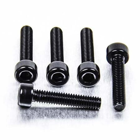 Five black alloy parallel Allen head bolts, each measuring M4 x 0.70mm x 20mm, showcasing a sleek finish and hexagonal socket for easy installation.