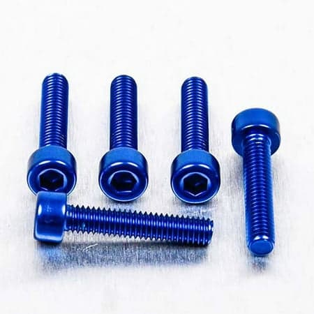 Five blue alloy parallel Allen head bolts, each measuring M4 x 0.70mm x 20mm, showcasing a shiny finish and hexagonal socket for easy installation.