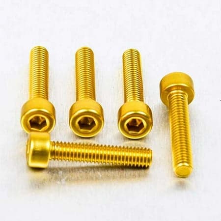 Five gold alloy parallel Allen head bolts, each measuring M4 x 0.70mm x 20mm, featuring a hexagonal socket and a shiny finish, arranged in a row.