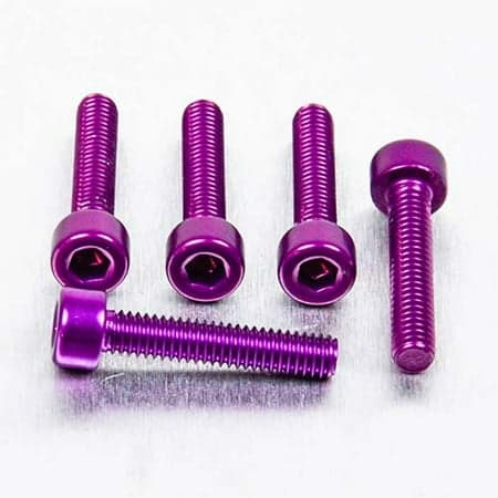 Five purple alloy parallel Allen head bolts, each measuring M4 x 0.70mm x 20mm, showcasing a shiny finish and hexagonal socket for easy installation.
